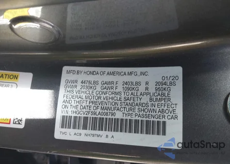 2020 Honda Accord Ex-L 2.0T из США, поврежденный, VIN 1HGCV2F59LA008790